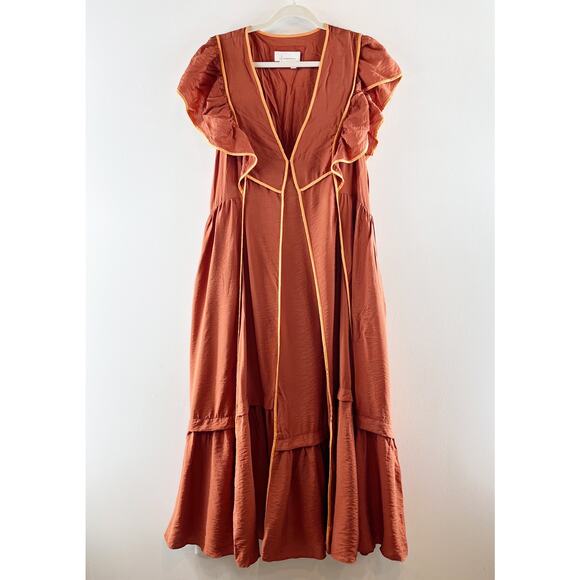 Anthropologie The Mimi Flutter-Sleeve Tipped Maxi Dress Rust Medium Petite - Picture 2 of 6